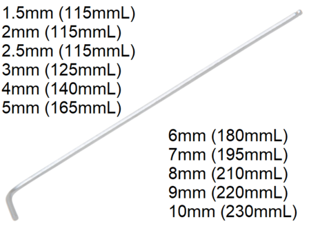 Hex interior L-Tipo de clave, extra largo 115 mm, 1.5 mm