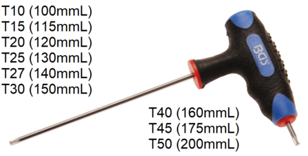 Destornillador con empunadura en T y cuchilla lateral perfil en T (para Torx) T10 - T50