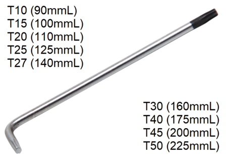 Llaves acodadas extra largas perfil en T (para Torx) con/sin perforacion