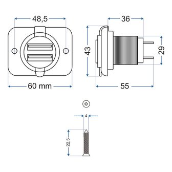 Caja de empotrar USB doble tipo A 3100mA 12V 24V
