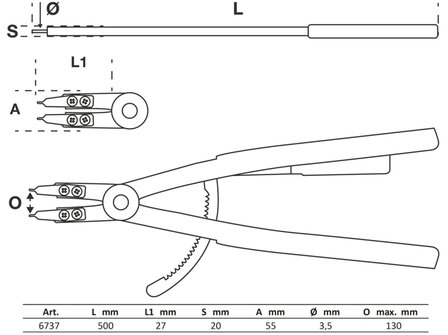 Alicate de puntas (circlip) recto para anillos de retenci&oacute;n interiores 500 mm