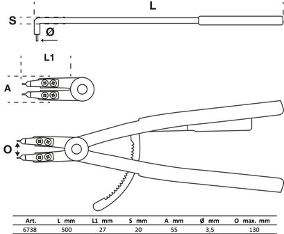 Alicate de puntas (circlip) en &aacute;ngulo para anillos de retenci&oacute;n interiores 500 mm