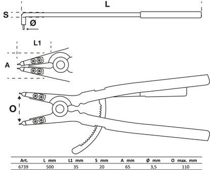 Alicate de puntas (circlip) en &aacute;ngulo para anillos de retenci&oacute;n exteriores 500 mm