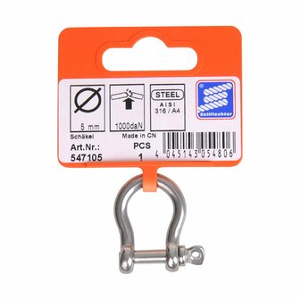 Grillete de arpa corto de 5 mm  acero inoxidable A4 AISI 316  1.000 daN