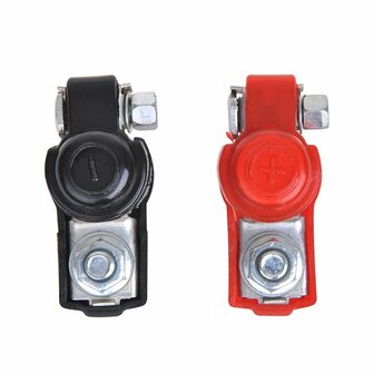 Juego de pinzas para terminales de bateria (+) y (-) con proteccion de plastico rojo negro
