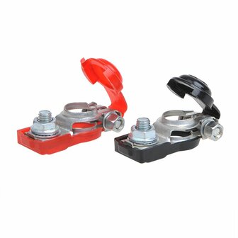 Juego de pinzas para bornes de bateria (+) y (-) con proteccion de plastico rojo negro