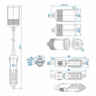 Cable alargador 1M con cargador USB 2 vias tipo A 12V 24V