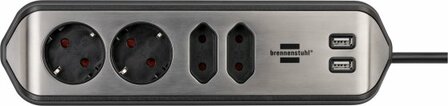 Enchufe de esquina estilo&nbsp;con funcion de carga USB 4 vias 2x tomas de corriente &amp; 2x Europeo&nbsp;plata negro
