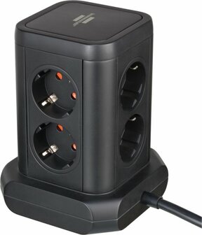 Torre de enchufes de 8 vias con 2x USB A, 1x USB C Power Delivery negro 2m H05VV-F3G1.5