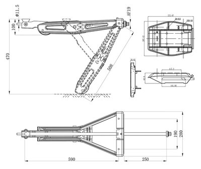 Soporte de esquina para caravana 1000 kg 605 x 280 mm H: 470 mm con pie de estabilizacion y mecanismo de extension alargado