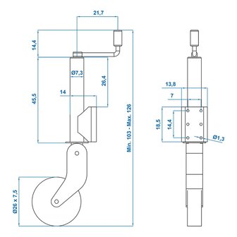 Rueda jockey 73 mm llanta metalica con neumatico de goma 260 x 65 mm plegable