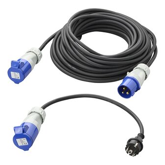 Juego CEE con cable de extension de 20 m 3x2,5 mm y cable adaptador de 40 cm de enchufe Schuko a CEE en bolsa de almacenamiento