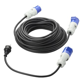 Juego CEE con cable de extension de 20 m 3x2,5 mm y cable adaptador de 40 cm de enchufe Schuko a CEE en bolsa de almacenamiento