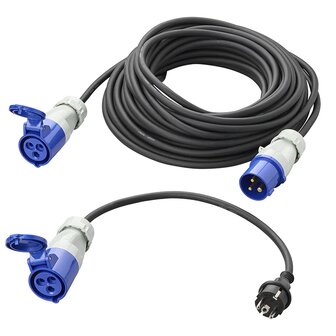 Juego CEE con cable de extension de 20 m 3x2,5 mm y cable adaptador de 40 cm de enchufe Schuko a CEE en bolsa de almacenamiento