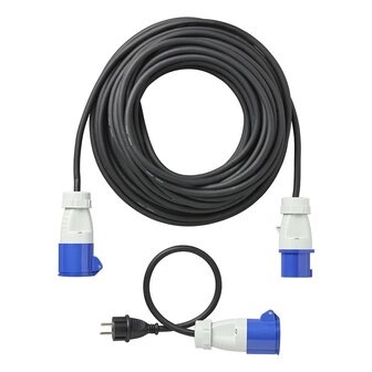 Juego CEE con cable de extension de 20 m 3x2,5 mm y cable adaptador de 40 cm de enchufe Schuko a CEE en bolsa de almacenamiento