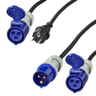Juego CEE con cable de extension de 20 m 3x2,5 mm y cable adaptador de 40 cm de enchufe Schuko a CEE en bolsa de almacenamiento