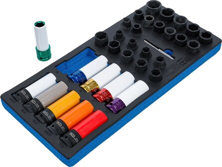 Bandeja para carro 1/3: Juego de llaves de vaso de impacto / extractores de tornillos de rueda especiales y extractores de tornillos de perfil 