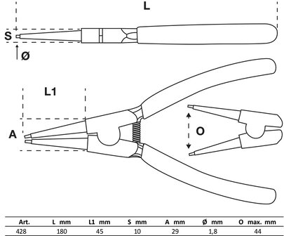 Alicate de puntas (circlip) recto para anillos de retencion exteriores 180 mm