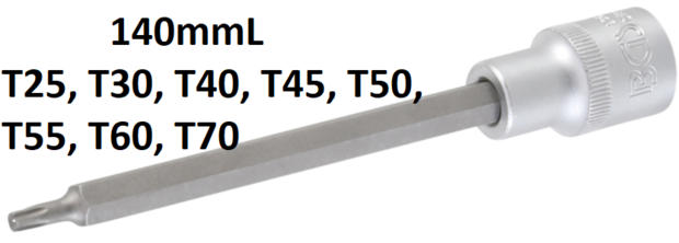 Punta de vaso longitud 140 mm entrada 12,5 mm (1/2) perfil en T (para Torx) T25 - T70