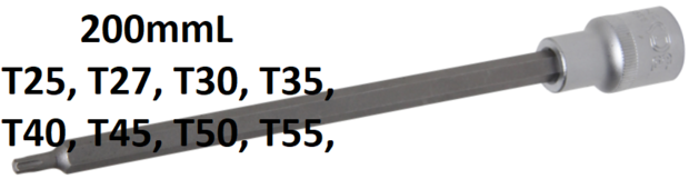 Punta de vaso longitud 200 mm entrada 12,5 mm (1/2) perfil en T (para Torx) T25 - T70