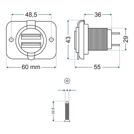 Caja de empotrar USB doble tipo A 3100mA 12V 24V