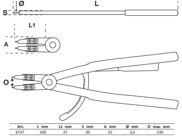 Alicate de puntas (circlip) recto para anillos de retención interiores 500 mm