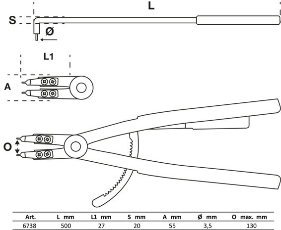 Alicate de puntas (circlip) en ángulo para anillos de retención interiores 500 mm