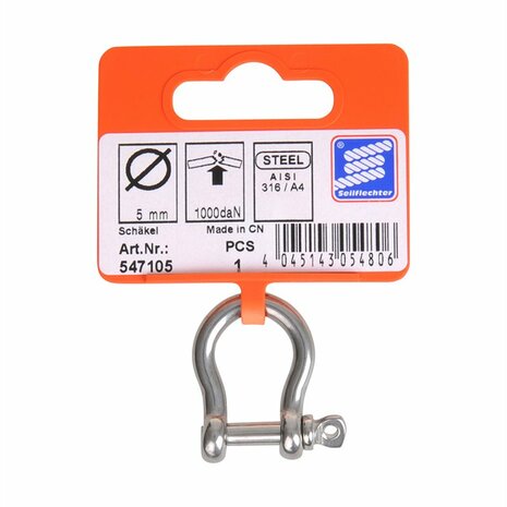 Grillete de arpa corto de 5 mm  acero inoxidable A4 AISI 316  1.000 daN