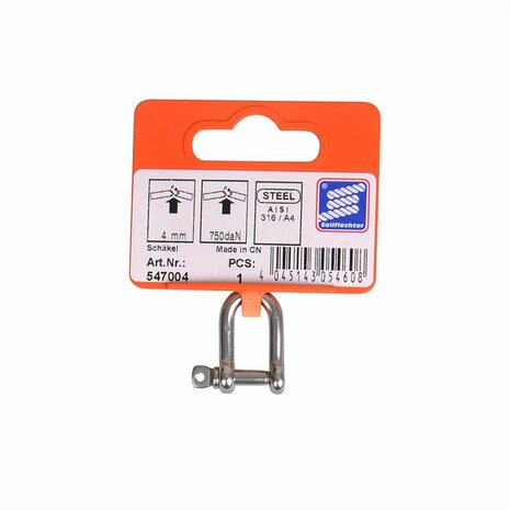 Grillete D corto de 4 mm  acero inoxidable A4 AISI 316  750 daN