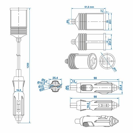 Cable alargador 1M con cargador USB 2 vias tipo A 12V 24V