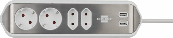Enchufe de esquina con funcion de carga USB 4 vias 2x tomas de contacto de proteccion & 2x Euro plata blanco
