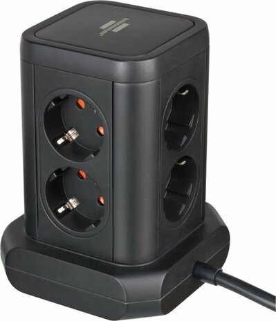 Torre de enchufes de 8 vias con 2x USB A, 1x USB C Power Delivery negro 2m H05VV-F3G1.5