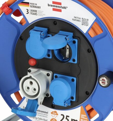 Tambor de cable de camping maritimo Garant CEE IP44 25m H07RN-F 3G2.5, 1xCEE230V 16A, 3x tomas de contacto de proteccion