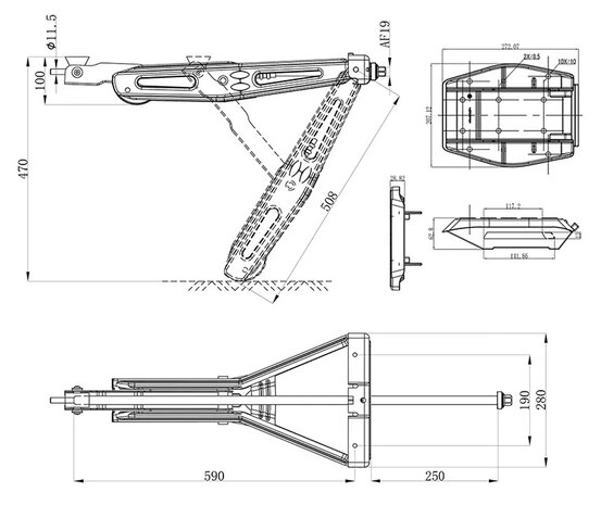 Soporte de esquina para caravana 1000 kg 605 x 280 mm H: 470 mm con pie de estabilizacion y mecanismo de extension alargado