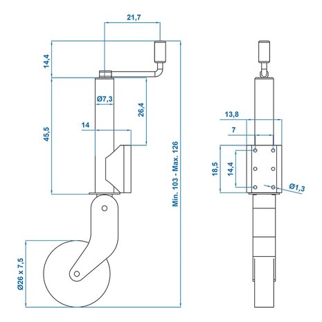 Rueda jockey 73 mm llanta metalica con neumatico de goma 260 x 65 mm plegable