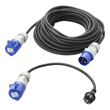 Juego CEE con cable de extension de 20 m 3x2,5 mm y cable adaptador de 40 cm de enchufe Schuko a CEE en bolsa de almacenamiento