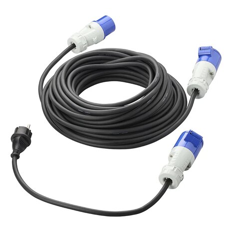 Juego CEE con cable de extension de 20 m 3x2,5 mm y cable adaptador de 40 cm de enchufe Schuko a CEE en bolsa de almacenamiento