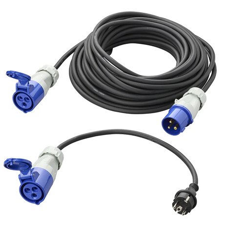 Juego CEE con cable de extension de 20 m 3x2,5 mm y cable adaptador de 40 cm de enchufe Schuko a CEE en bolsa de almacenamiento