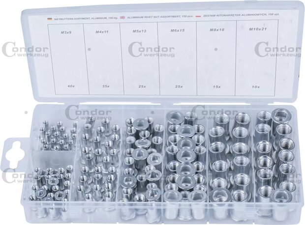 Surtido de tuercas remachables de aluminio 150 piezas
