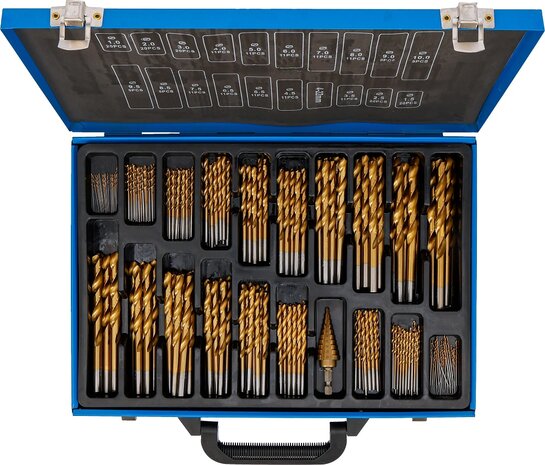 Juego de brocas espirales y escalonadas HSS nitrurado de titanio 1 - 10 mm 231 piezas