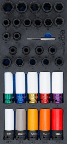 Bandeja para carro 1/3: Juego de llaves de vaso de impacto / extractores de tornillos de rueda especiales y extractores de tornillos de perfil 
