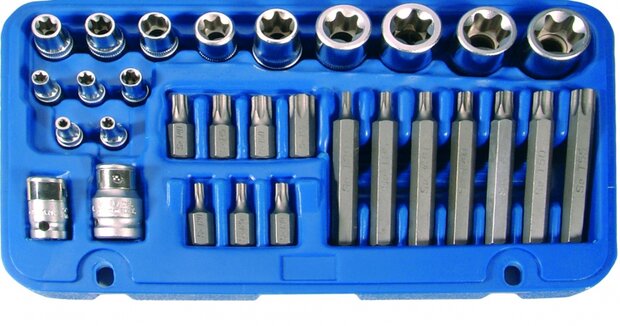 Juego de puntas y llaves de vaso E-Torx / perfil en T (para Torx) 30 piezas