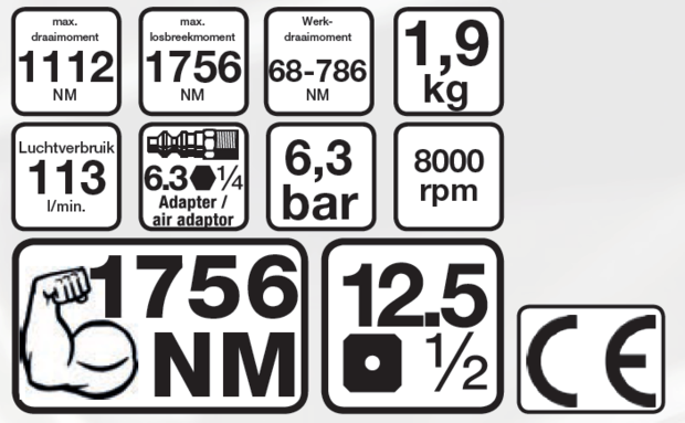 Pistola neumatica de impacto 12,5 mm (1/2) 1756 Nm