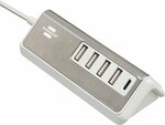 USB multicargador con cable textil de 1,5 m 4x USB + 1x USB C