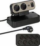 Duplex Regleta de enchufes de sobremesa, 1x USB C, 1x USB A, 10x tomas de contacto de proteccion, plata negro