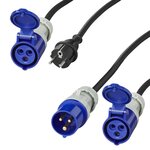 Juego CEE con cable de extension de 20 m 3x2,5 mm y cable adaptador de 40 cm de enchufe Schuko a CEE en bolsa de almacenamiento