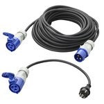 Juego CEE con cable de extension de 20 m 3x1,5 mm y cable adaptador de 40 cm de enchufe Schuko a CEE en bolsa de almacenamiento