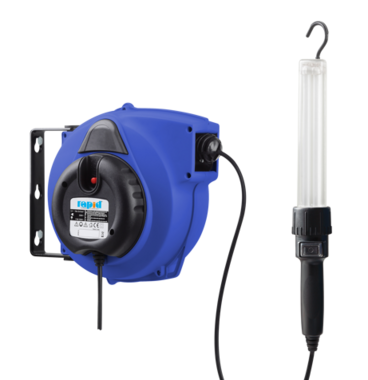 Enrollador de cable profesional automatico de 230 V con 15 m de cable y lámpara de mano