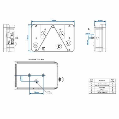 Luz trasera 6 funciones 218x140mm derecha