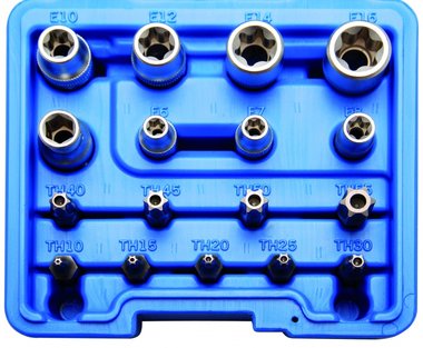 Juego de puntas y llaves de vaso E-Torx / perfil en T (para Torx) 17 piezas